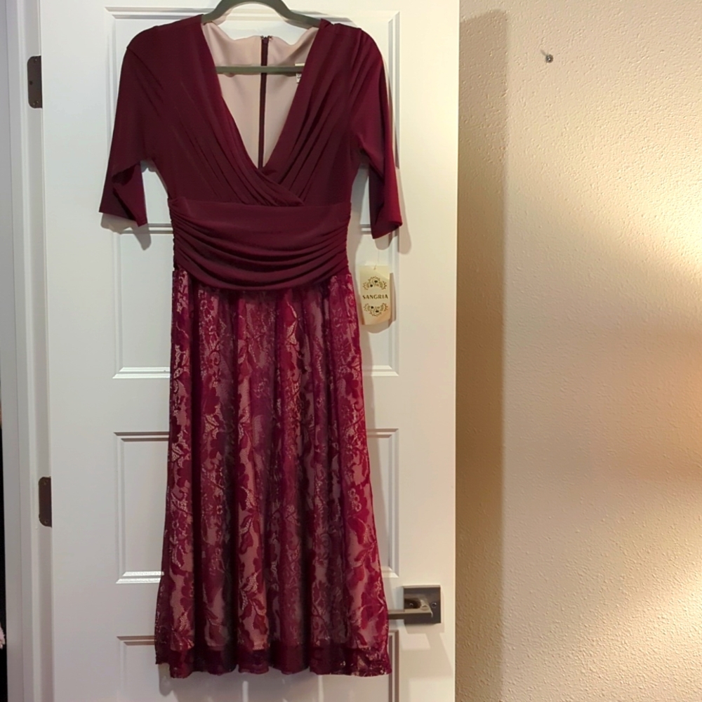 Burgundy formal with 3/4 length sleeve and lace skirt by sangria - NWT